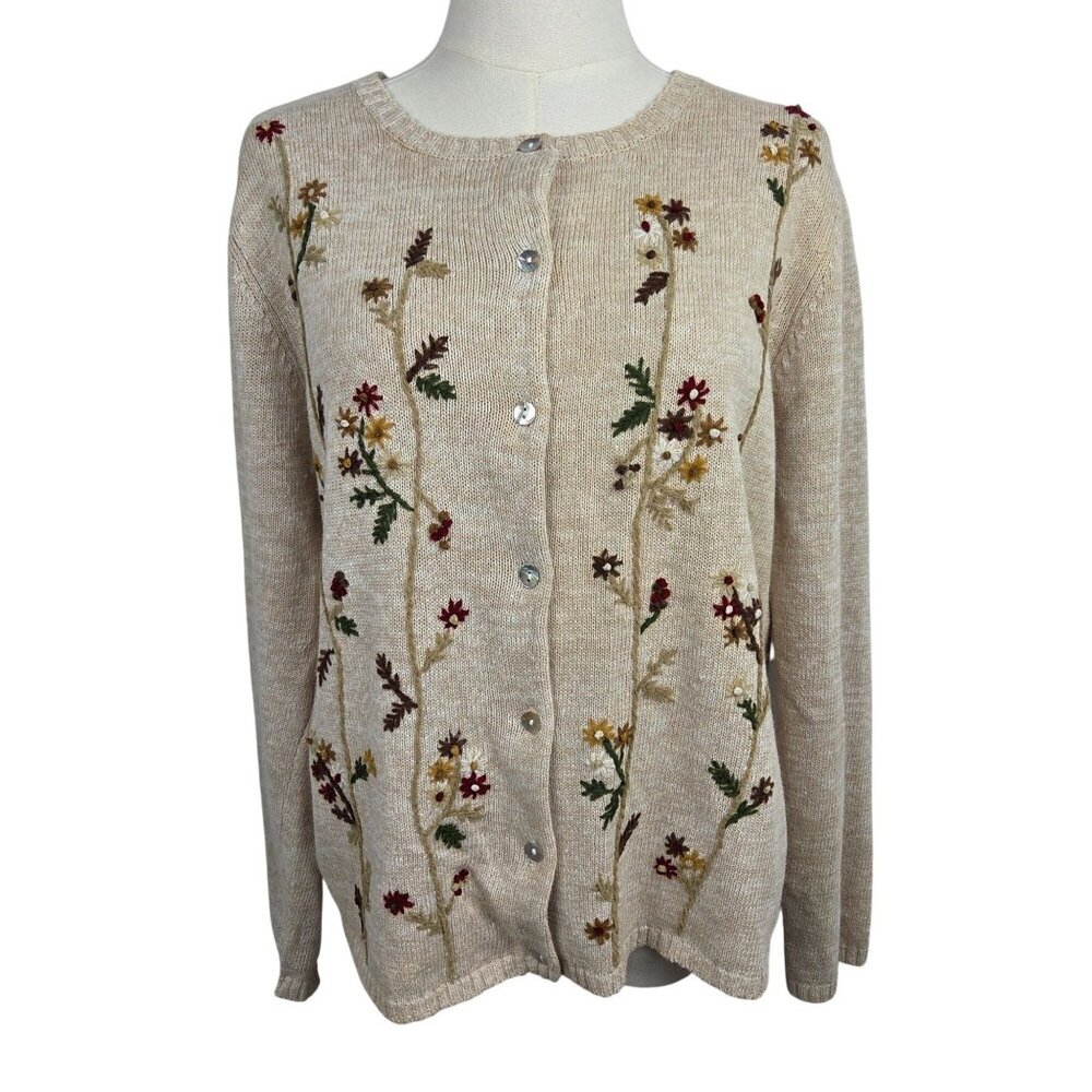 Designers Originals Studio Cardigan Medium Embroidered Floral‎ Beige Cottagecore